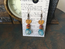 Load image into Gallery viewer, Czech Glass, Boho,Hand Crafted, Earrings in Blue/Gold Czech Glass Beads with Copper Colored Glass Flowers and Frosted Amber Colored Leaves
