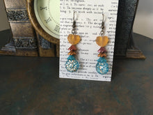 Load image into Gallery viewer, Czech Glass, Boho,Hand Crafted, Earrings in Blue/Gold Czech Glass Beads with Copper Colored Glass Flowers and Frosted Amber Colored Leaves
