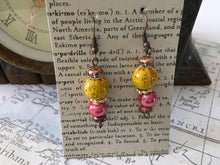 Load image into Gallery viewer, Hand Crafted, Fun N Funky, Dangle Earrings in Pomegranite  and Squash Colored Ceramic Beads with Rose Gold  Colored Crystals
