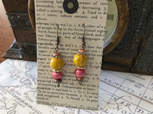 Load image into Gallery viewer, Hand Crafted, Fun N Funky, Dangle Earrings in Pomegranite  and Squash Colored Ceramic Beads with Rose Gold  Colored Crystals
