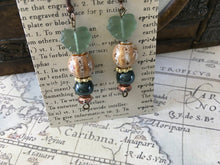 Load image into Gallery viewer, Czech Glass, Boho, Hand Crafted, Earrings in Blue Grey and Mocha Colored Ceramic Beads with Frosted Blue Green Colored Czech Glass Leaves
