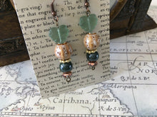 Load image into Gallery viewer, Czech Glass, Boho, Hand Crafted, Earrings in Blue Grey and Mocha Colored Ceramic Beads with Frosted Blue Green Colored Czech Glass Leaves
