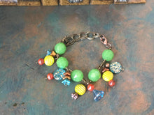 Load image into Gallery viewer, Fun N Funky, Handcrafted Bracelet with Mixed Beads of Czech Glass, Ceramic Beads and Glass Flowers  in Green, Blue, Lime &amp; Rust Colorations
