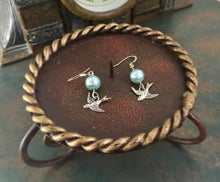 Load image into Gallery viewer, Whimsical, Vintage Style, Small Bluebird of Happiness, drop earrings, with robin&#39;s egg blue glass pearl, and bluebird charm. Lead compliant.
