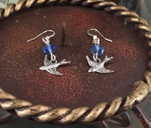 Load image into Gallery viewer, Whimsical, Vintage Style, Small Bluebird of Happiness, drop earrings, with blue swarovski crystal and bluebird charm. Lead compliant.
