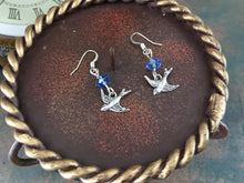 Load image into Gallery viewer, Whimsical, Vintage Style, Small Bluebird of Happiness, drop earrings, with blue swarovski crystal and bluebird charm. Lead compliant.
