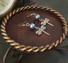 Load image into Gallery viewer, Whimsical, Vintage Style, dragonfly, drop earrings, with silver/grey glass pearl. Lead compliant.
