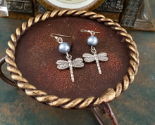 Load image into Gallery viewer, Whimsical, Vintage Style, dragonfly, drop earrings, with silver/grey glass pearl. Lead compliant.
