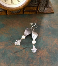 Load image into Gallery viewer, For the Bride, Vintage Style, Shimmering Creamy White Glass Pearls with Clear Lucite Lily, Silver Etched Leaf and Clear Swarovski Crystal
