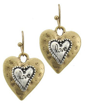 Load image into Gallery viewer, Heart Shaped Drop, Hammered Metal Earrings with Silver Tone, Love Inscribed Center. Two color choices, Patina Gold or Patina Green.
