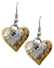 Load image into Gallery viewer, Heart Shaped Drop Earrings in 2 color choices, Patina Gold or Patina Green with plain Silver tone heart center.
