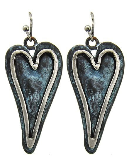 Heart Shaped Drop, Hammered Metal Earrings with Silver Tone Edging In Patina Green.