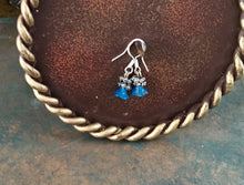 Load image into Gallery viewer, Whimsical, Tiny Fairy Flower, Drop Earrings with Blue Glass, Floral Bead, and silver findings.
