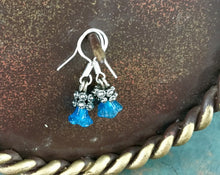 Load image into Gallery viewer, Whimsical, Tiny Fairy Flower, Drop Earrings with Blue Glass, Floral Bead, and silver findings.
