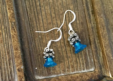 Load image into Gallery viewer, Whimsical, Tiny Fairy Flower, Drop Earrings with Blue Glass, Floral Bead, and silver findings.
