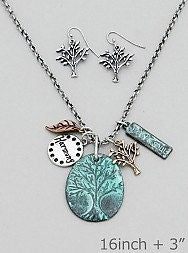 Inspirational, Tree of Life Necklace/ Earring Set with Harmony, Body/Soul Inscribed Metal charms, Leaf/Tree Dangles in Patina Green and more