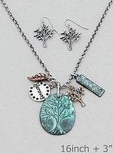 Load image into Gallery viewer, Inspirational, Tree of Life Necklace/ Earring Set with Harmony, Body/Soul Inscribed Metal charms, Leaf/Tree Dangles in Patina Green and more
