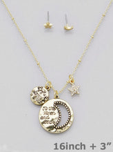 Load image into Gallery viewer, INSPIRATIONAL, Inscribed, &quot;I Love You&quot; &quot;To The Moon and Back&quot; Drop Charm Necklace/Earring Set  In Goldtone Or Silvertone Choices
