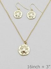 Load image into Gallery viewer, Hand Crafted, Sand Dollar Necklace and Earring Set in Goldtone Colorations
