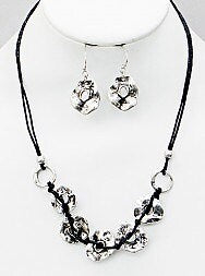 Fun N Funky Necklace and Earring Set, with Metal Discs in Silvertone Colorations on Leather cord.