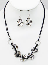 Load image into Gallery viewer, Fun N Funky Necklace and Earring Set, with Metal Discs in Silvertone Colorations on Leather cord.
