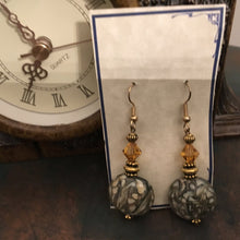 Load image into Gallery viewer, Fun N Funky, Handcrafted, Ceramic and Swarovski Drop Earrings in Earth Tone Grey Green and Cream Colorations. Gold Tone  Fish wire Earwire
