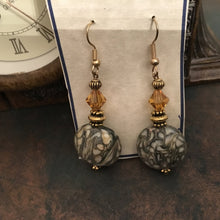 Load image into Gallery viewer, Fun N Funky, Handcrafted, Ceramic and Swarovski Drop Earrings in Earth Tone Grey Green and Cream Colorations. Gold Tone  Fish wire Earwire
