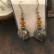 Load image into Gallery viewer, Fun N Funky, Handcrafted, Ceramic and Swarovski Drop Earrings in Earth Tone Grey Green and Cream Colorations. Gold Tone  Fish wire Earwire
