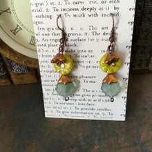 Load image into Gallery viewer, Czech Glass, Boho, Hand Crafted, Earrings in Lime/Gold Czech Glass Beads with Copper Colored Glass Flowers and Blue/Green Glass Leaves
