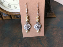 Load image into Gallery viewer, Czech Glass, Boho, Hand Crafted, Beaded Earrings in  Czech Glass and Silver Wash Patina Beads with Cream Goldtone Colored Glass Pearls.
