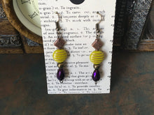 Load image into Gallery viewer, Czech Glass, Boho, Hand Crafted, Beaded Earrings in Lime/Gold Czech Glass with Copper Colored Findings and Amethyst Colored Faceted Drop
