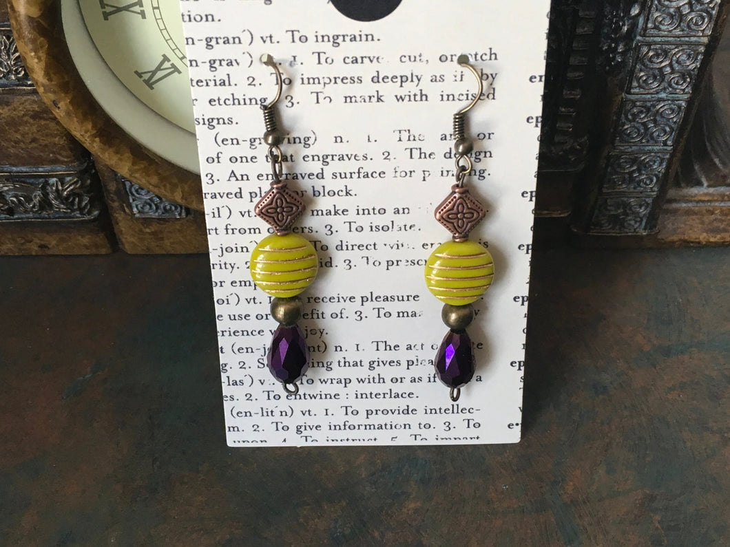 Czech Glass, Boho, Hand Crafted, Beaded Earrings in Lime/Gold Czech Glass with Copper Colored Findings and Amethyst Colored Faceted Drop