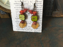 Load image into Gallery viewer, Czech Glass, Boho,Hand Crafted, Earrings in Lime/Gold Czech Glass Beads with Copper Colored Glass Flowers and Amber Colored Glass Leaves
