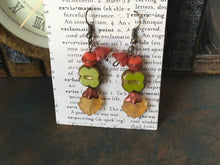 Load image into Gallery viewer, Czech Glass, Boho,Hand Crafted, Earrings in Lime/Gold Czech Glass Beads with Copper Colored Glass Flowers and Amber Colored Glass Leaves
