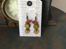 Load image into Gallery viewer, Czech Glass, Boho,Hand Crafted, Earrings in Lime/Gold Czech Glass Beads with Copper Colored Glass Flowers and Amber Colored Glass Leaves
