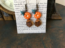 Load image into Gallery viewer, Czech Glass, Boho,Hand Crafted, Earrings in Sunburst Orange Czech Glass Beads W/ Aqua Colored Glass Flowers and Amber Colored Glass Leaves
