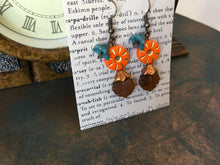 Load image into Gallery viewer, Czech Glass, Boho,Hand Crafted, Earrings in Sunburst Orange Czech Glass Beads W/ Aqua Colored Glass Flowers and Amber Colored Glass Leaves
