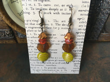 Load image into Gallery viewer, Czech Glass, Boho, Handcrafted, Lime Green Striped Bead, Frosted Amber Colored Leaves, Burnt Orange Bead &amp; Copper Metallic Glass Flower
