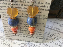 Load image into Gallery viewer, Czech Glass and Ceramic, Fun N Funky, Handcrafted, Dangle Earrings in Blue and Peach Ceramic Beads with Frosted Amber Colored Leaves
