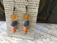 Load image into Gallery viewer, Czech Glass and Ceramic, Fun N Funky, Handcrafted, Dangle Earrings in Blue and Peach Ceramic Beads with Frosted Amber Colored Leaves
