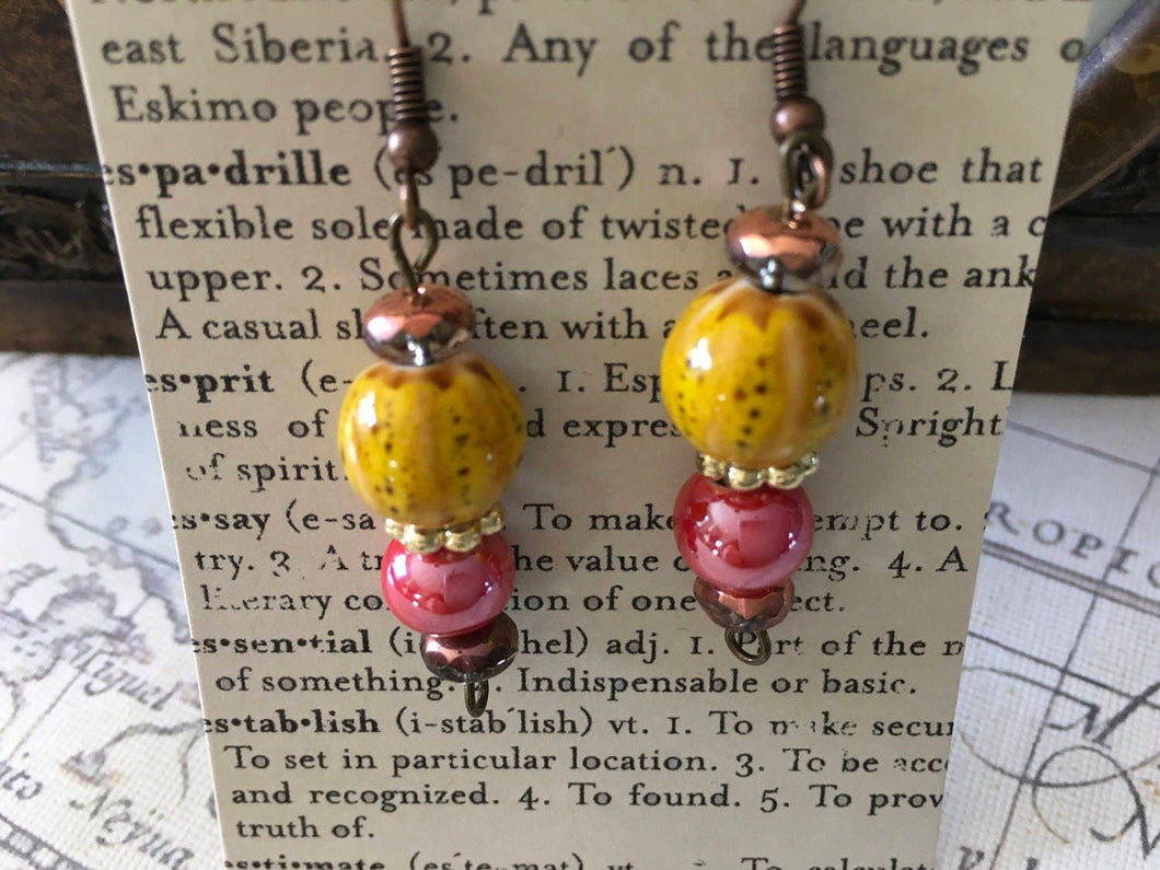 Hand Crafted, Fun N Funky, Dangle Earrings in Pomegranite  and Squash Colored Ceramic Beads with Rose Gold  Colored Crystals