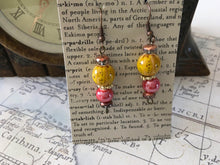 Load image into Gallery viewer, Hand Crafted, Fun N Funky, Dangle Earrings in Pomegranite  and Squash Colored Ceramic Beads with Rose Gold  Colored Crystals
