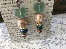 Load image into Gallery viewer, Czech Glass, Boho, Hand Crafted, Earrings in Blue Grey and Mocha Colored Ceramic Beads with Frosted Blue Green Colored Czech Glass Leaves
