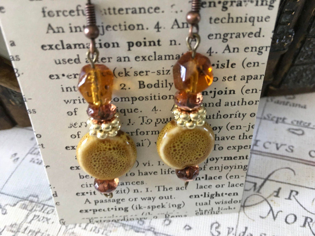 Hand Crafted, Fun N Funky, Dangle Earrings in Squash Colored Ceramic Beads and Amber Colored Stones