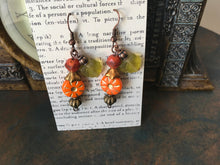 Load image into Gallery viewer, Czech Glass, Boho,Hand Crafted, Earrings in Sunburst Orange Czech Glass Beads W/ Copper Colored Glass Flowers and Frosted Czech Leaves
