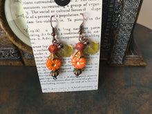 Load image into Gallery viewer, Czech Glass, Boho,Hand Crafted, Earrings in Sunburst Orange Czech Glass Beads W/ Copper Colored Glass Flowers and Frosted Czech Leaves
