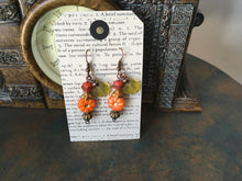 Load image into Gallery viewer, Czech Glass, Boho,Hand Crafted, Earrings in Sunburst Orange Czech Glass Beads W/ Copper Colored Glass Flowers and Frosted Czech Leaves
