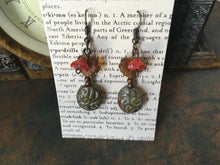 Load image into Gallery viewer, Czech Glass, Boho, Handcrafted, Khaki, Green, Filigree, Ceramic Bead, Frosted Amber Color Leaves and Burnt Orange Czech Glass Flowers
