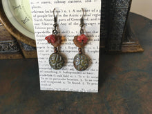 Load image into Gallery viewer, Czech Glass, Boho, Handcrafted, Khaki, Green, Filigree, Ceramic Bead, Frosted Amber Color Leaves and Burnt Orange Czech Glass Flowers
