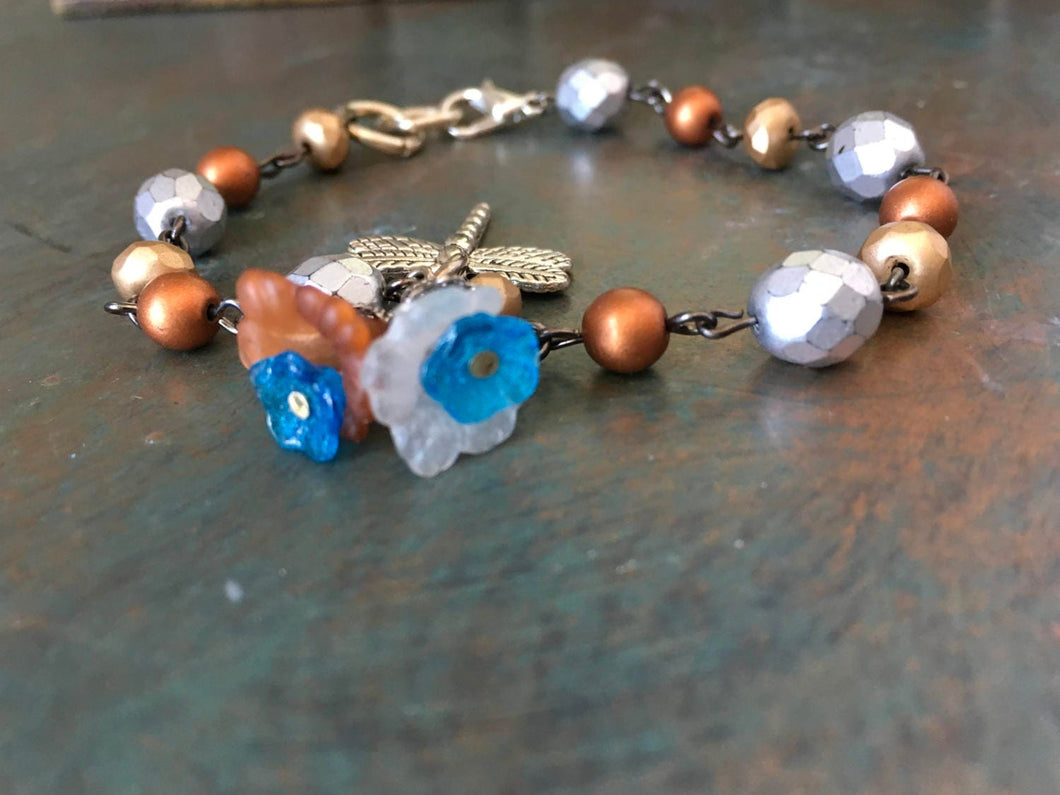 Sweet and Lovely, Metallic Bronze, Copper and Silver Beaded, Link Bracelet, with Dragonfly and Floral Dangles